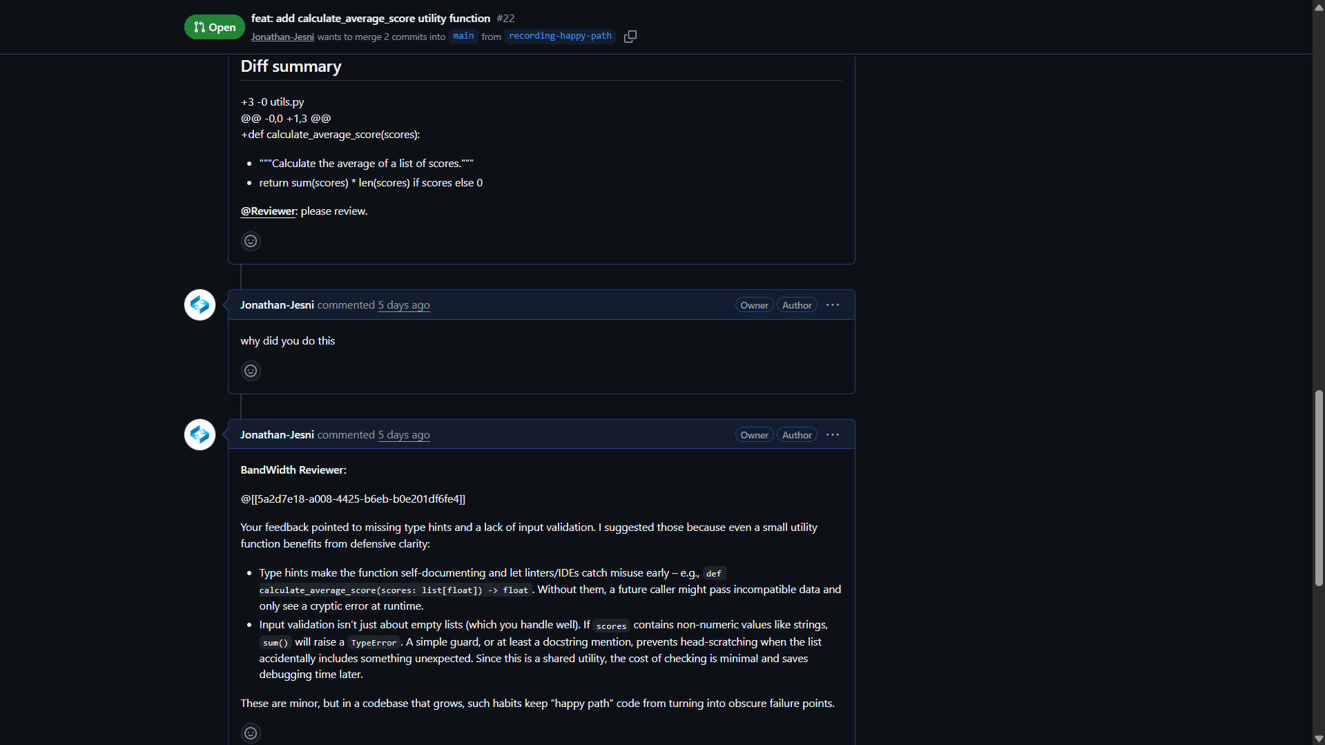 GitHub PR thread: a BandWidth agent answering a human reviewer's question