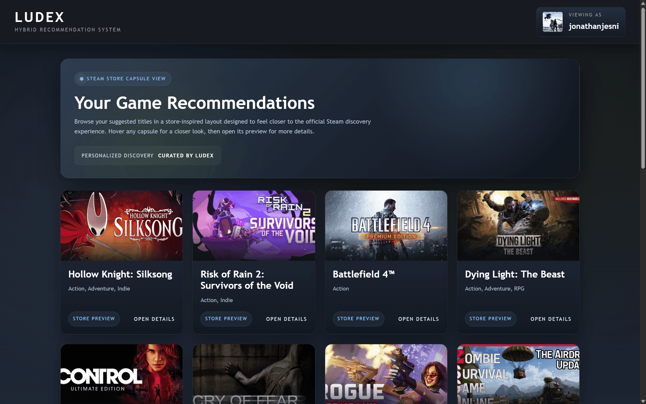 Ludex personalized game recommendations