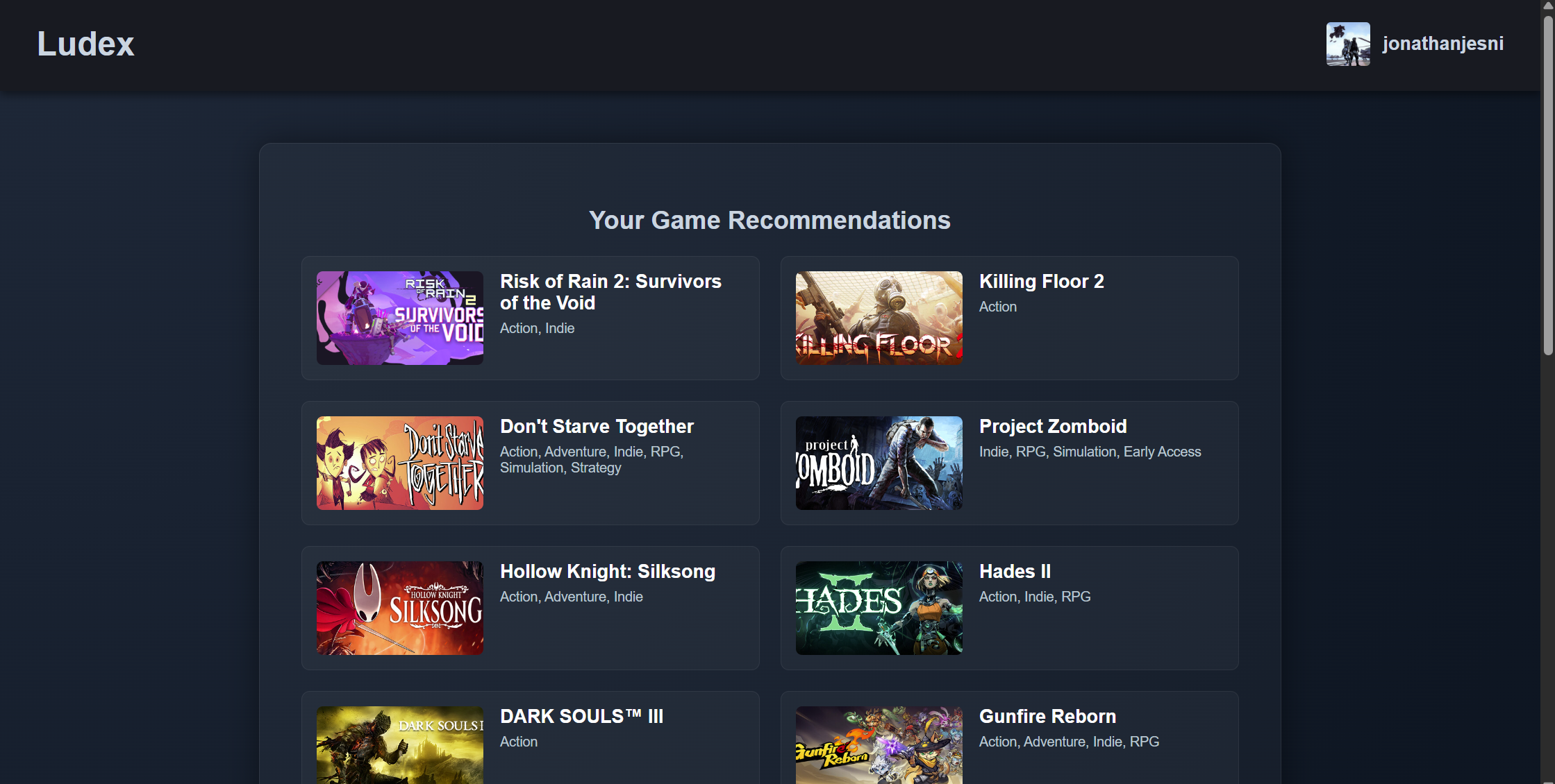 Ludex personalized game recommendations interface