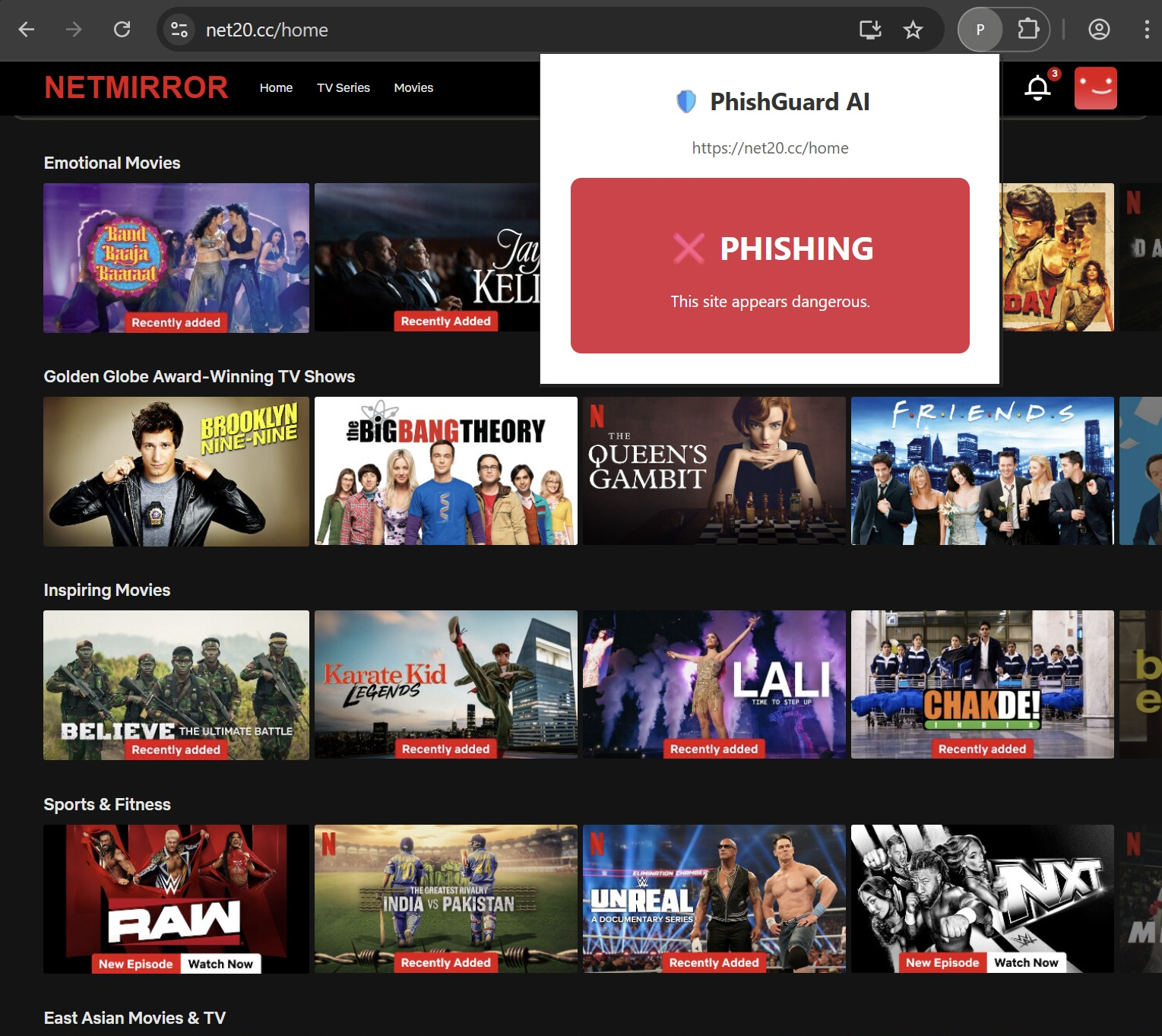 Phishing detection warning overlay